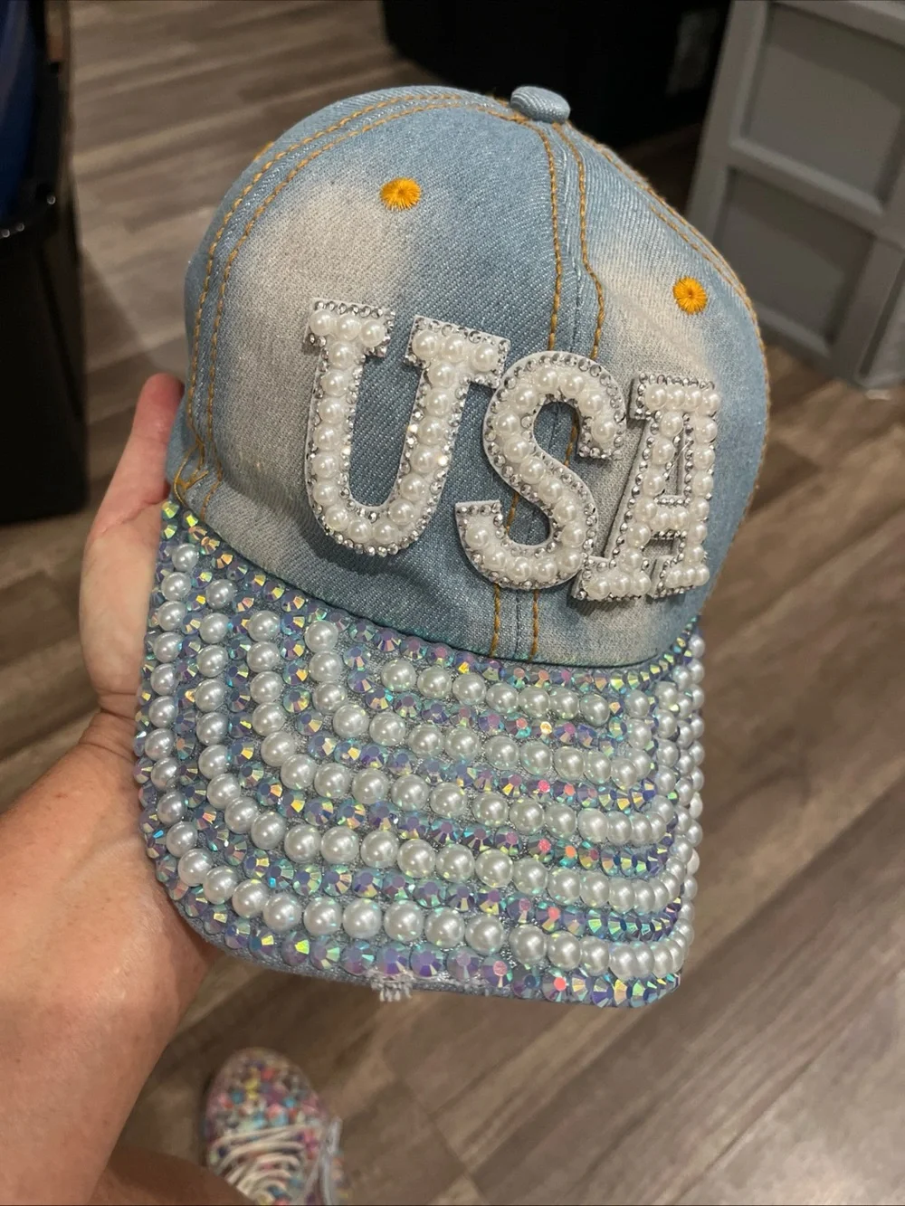 Denim USA Pearl & Rhinestone Embellished Baseball Cap Hat distressed adjustable